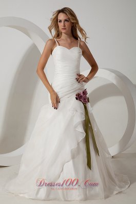Elegant A-line Straps Brush Train Organza Hand Made Flowers Wedding Dress