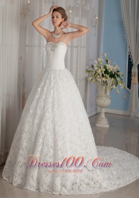 Luxurious A-Line / Princess Sweetheart Chapel Train Fabric Rolling Flowers Beading Wedding Dress