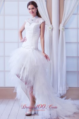 Beautiful A-line High-neck Court Train Tulle Beading Wedding Dress