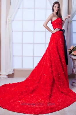 Red A-line Strapless Cathedral Train Special Fabric Beading and Sash Wedding Dress