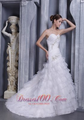 White A-line / Princess Sweetheart Court Train Organza Appliques Wedding Dress