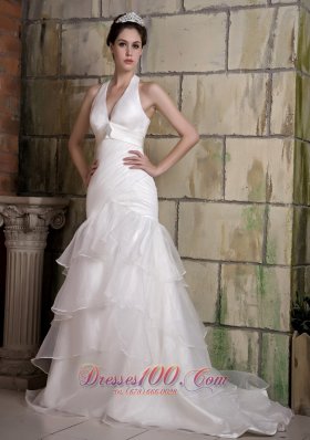 Customize Wedding Dress Mermaid Halter Beading Court Train Taffeta and Organza