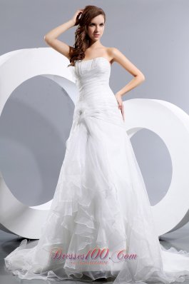 Elegant A-line Strapless Low Cost Wedding Dress Court Train Taffeta and Organza Ruch and Hand Made Flower