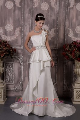 Custom Made A-line One Shoulder Brush Train Satin Beading Wedding Dress