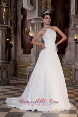 Beautiful A-line One Shoulder Court Train Chiffon Beading Wedding Dress