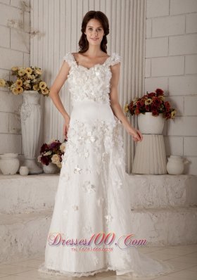 The Super Hot Column Straps Wedding Dress Brush Train Lace Appliques