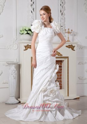 Luxurious Column Strapless Wedding Dress Court Train Taffeta Hand Made Flowers