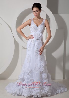 Popular Column V-neck Court Train Satin Sash Wedding Dress