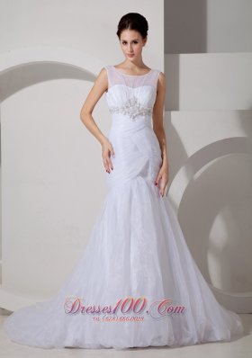 Pretty Wedding Dress Mermaid Scoop Appliques and Ruch Court Train Organza