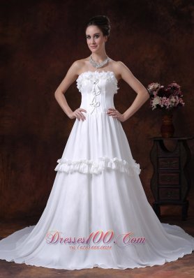 A-Line Chiffon Strapless Chapel Train Romantic Wedding Dress Ruffles