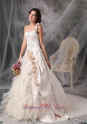 Champagne A-Line / Princess One Shoulder Chapel Train Satin Hand Flowers