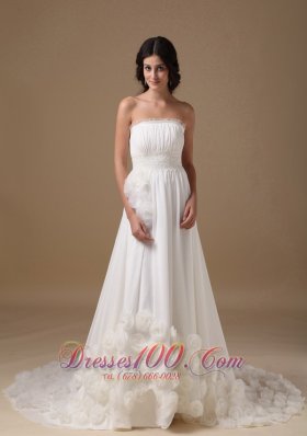 Elegant A-line Strapless Court Train Chiffon Hand Made Flowers Wedding Dress