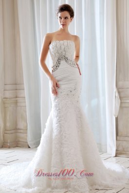 Gorgeous Mermaid Strapless Court Train Special Fabric Beading and Appliques Wedding Dress