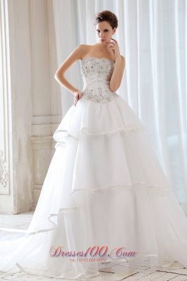 Exquisite Princess Strapless Court Train Tulle Beading and Appliques Wedding Dress