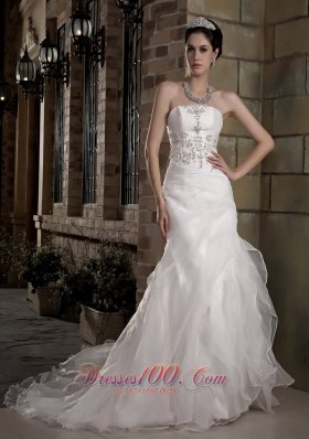 Beautiful A-line Strapless Court Train Taffeta and Organza Appliques Wedding Dress