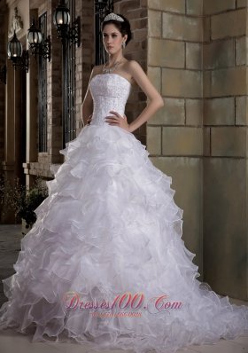 Popular A-line Strapless Brush Train Taffeta and Organza Appliques and Ruffles Wedding Dress