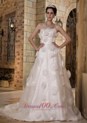 Unique A-line Strapless Chapel Train Taffeta and Organza Hand Made Flowers Wedding Dress