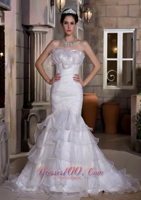 Exquisite Mermaid Strapless Court Train Taffeta and Organza Ruch and Ruffles Wedding Dress