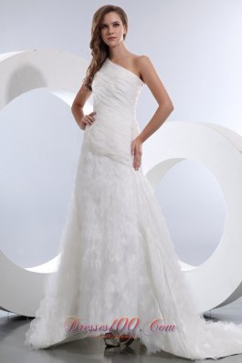 Popular Wedding Dress A-line Ruch One Shoulder Court Train Taffeta and Organza