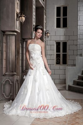 Custom Made A-line Strapless Chapel Train Lace Hand Made Flowers Wedding Dress