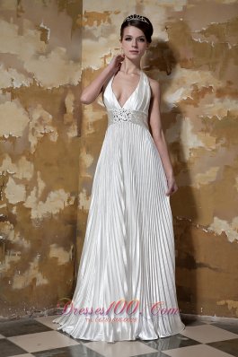Modest Column Halter Court Train Elastic Woven Satin Beading Wedding Dress