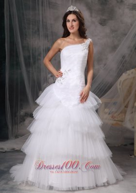 Customize A-line One Shoulder Wedding Dress Tulle Beading Court Train