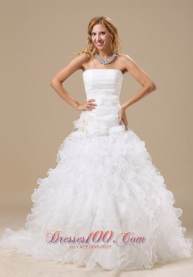 Exclusive Style Ruffles Decorate Bodice Hand Made Flowers A-line Court Train Organza 2013 Wedding Dress