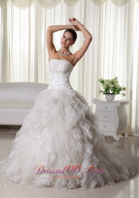 Pretty A-line Strapless Chapel Train Organza Appliques Wedding Dress