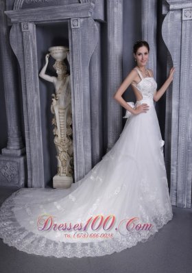 Gorgeous A-Line / Princess Straps Chapel Train Taffeta and Organza Beading and Appliques Wedding Dress