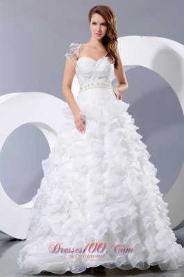 Gorgeous A-line Sweetheart Beading and Ruffles Wedding Dress Court Train Satin and Organza