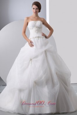 Popular A-line Strapless Appliques With Beading Ball Gown Wedding Dress Chapel Train Taffeta and Organza