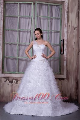 Fashionable A-line One Shoulder Wedding Dress Satin and Tulle Appliques Court Train