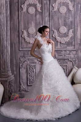 Customize A-line / Princess One Shoulder Wedding Dress Tulle Beading Court Train