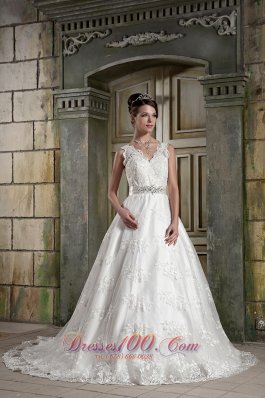 Beautiful A-line V-neck Chapel Train Lace Beading Wedding Dress
