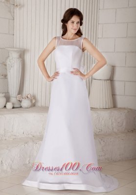 Afforable Column / Sheath Scoop Brush Train Bow Wedding Dress