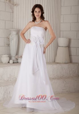 Lovely Column Strapless Court Train Organza Hand Made Flowers and Embroidery Wedding Dress