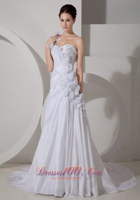 Beautiful Wedding Dress A-line One Shoulder Hand Made Flowers Court Train Taffeta