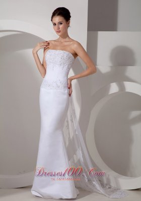 Brand New Wedding Dress Mermaid Strapless Appliques Watteau Train Satin