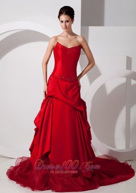 Customize Red A-line Strapless Wedding Dress Court Train Taffeta and Organza Appliques