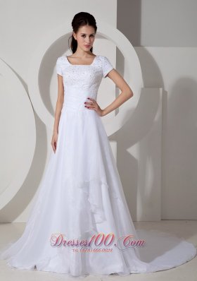 Customize Wedding Dress A-line Square Beading and Ruch Court Train Organza