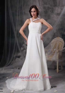 White Empire Asymmetrical Court Train Chiffon Ruch Wedding Dress