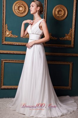 Beautiful A-line V-neck Brush Train Organza Beading Wedding Dress