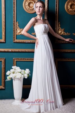 Simple Empire Strapless Brush Train Chiffon Beading and Pleat Wedding Dress
