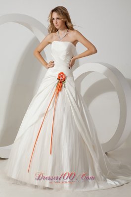 Beautiful A-line Strapless Brush Train Taffeta Hand Made Flower Wedding Dress