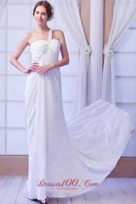 Beautiful Empire One Shoulder Court Train Chiffon Beading Wedding Dress
