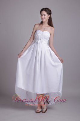 White Empire Strapless Ankle-length Taffeta Handle-made Flower Wedding Dress
