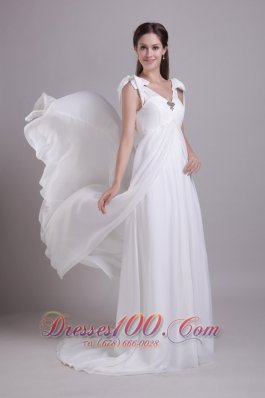 White Empire V-neck Brush Train Chiffon Beading Wedding Dress