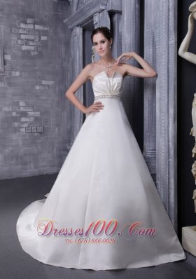 Affordable A-Line / Princess Strapless Chapel Train Satin Beading Wedding Dress