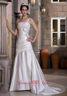 Modest A-line One Shoulder Chapel Train Taffeta Appliques and Ruch Wedding Dress