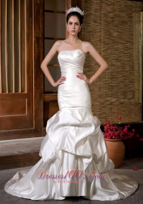 Customize Wedding Dress Mermaid Strapless Beading and Ruch Chapel Train Taffeta